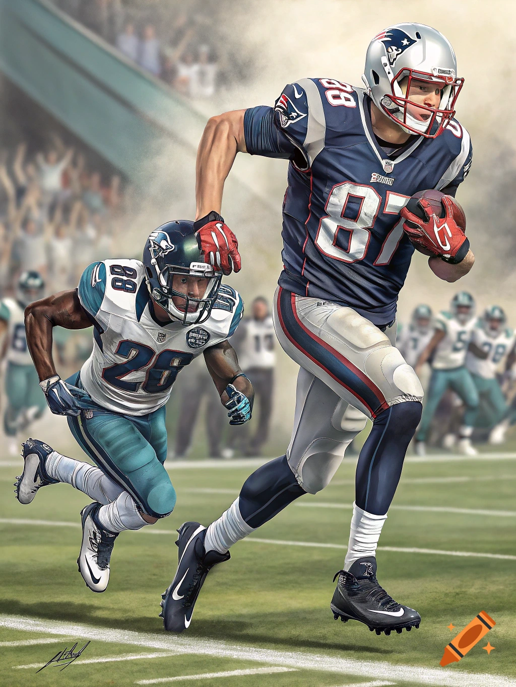 Illustration of football player 87 running with ball, pursued by player 20 in a teal jersey, on a field.