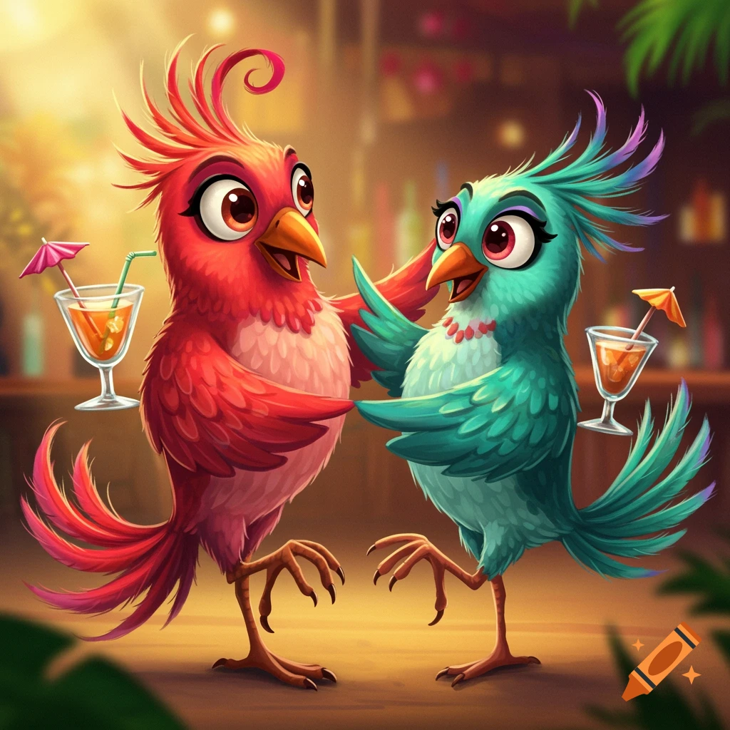 Cartoon birds dancing with cocktails