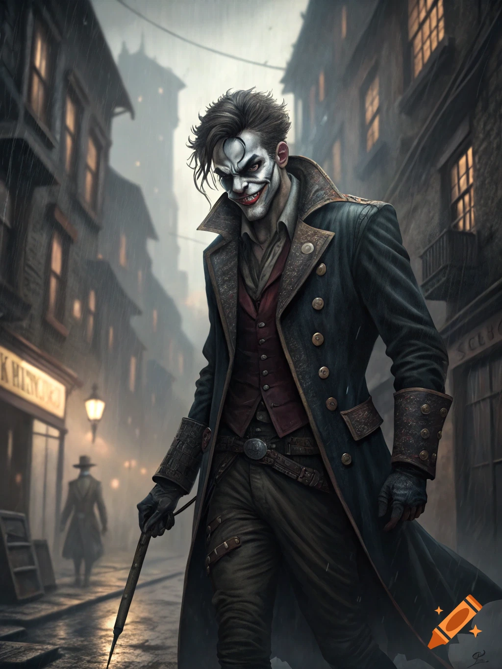 A menacing clown-like rogue stands in a rainy steampunk alley. He has pale face makeup, a smirk, and wears a dark coat.