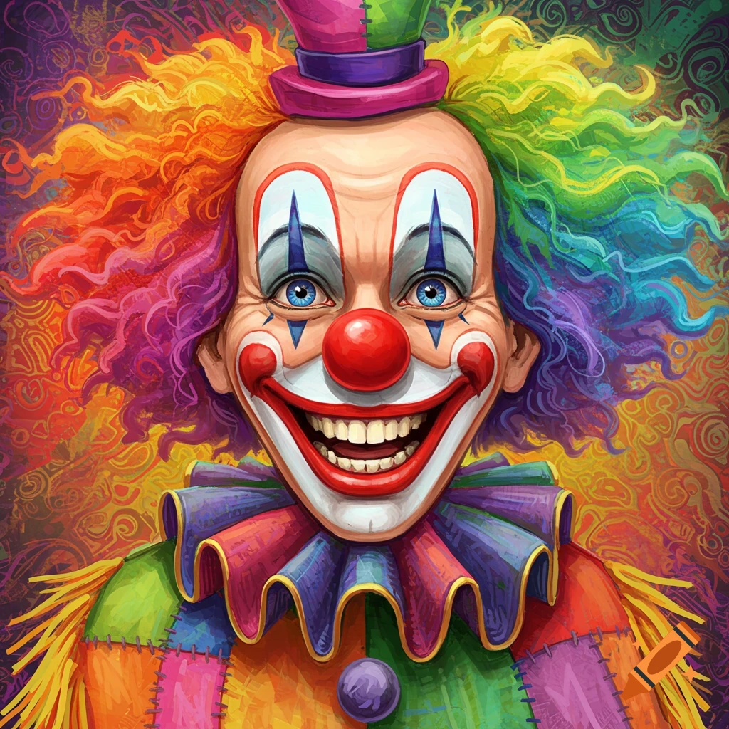 Close-up portrait of a happy clown with rainbow hair and colorful costume in a psychedelic style.