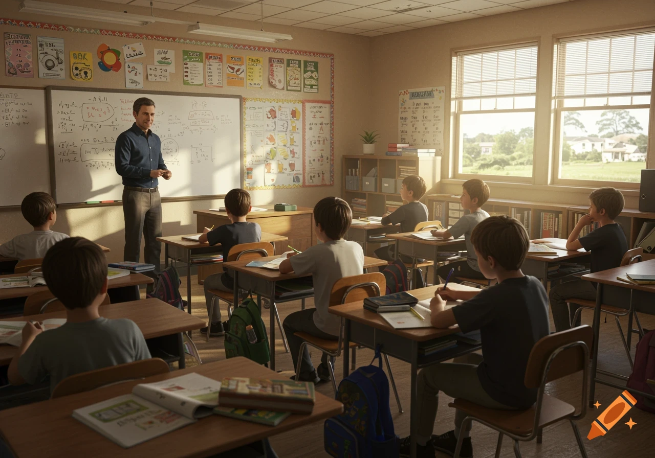 A teacher talks to students in a classroom