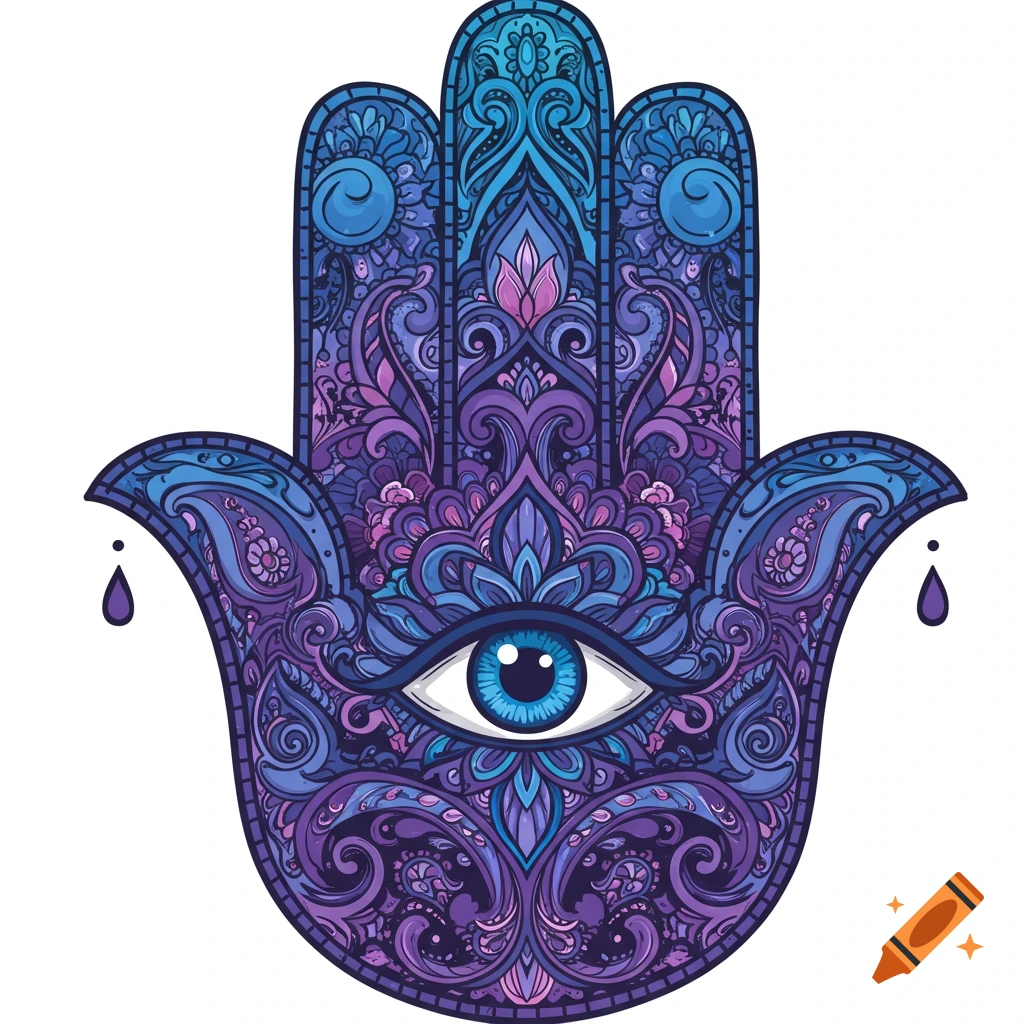 A decorative blue and purple Hamsa hand with a central eye and intricate floral and paisley patterns.