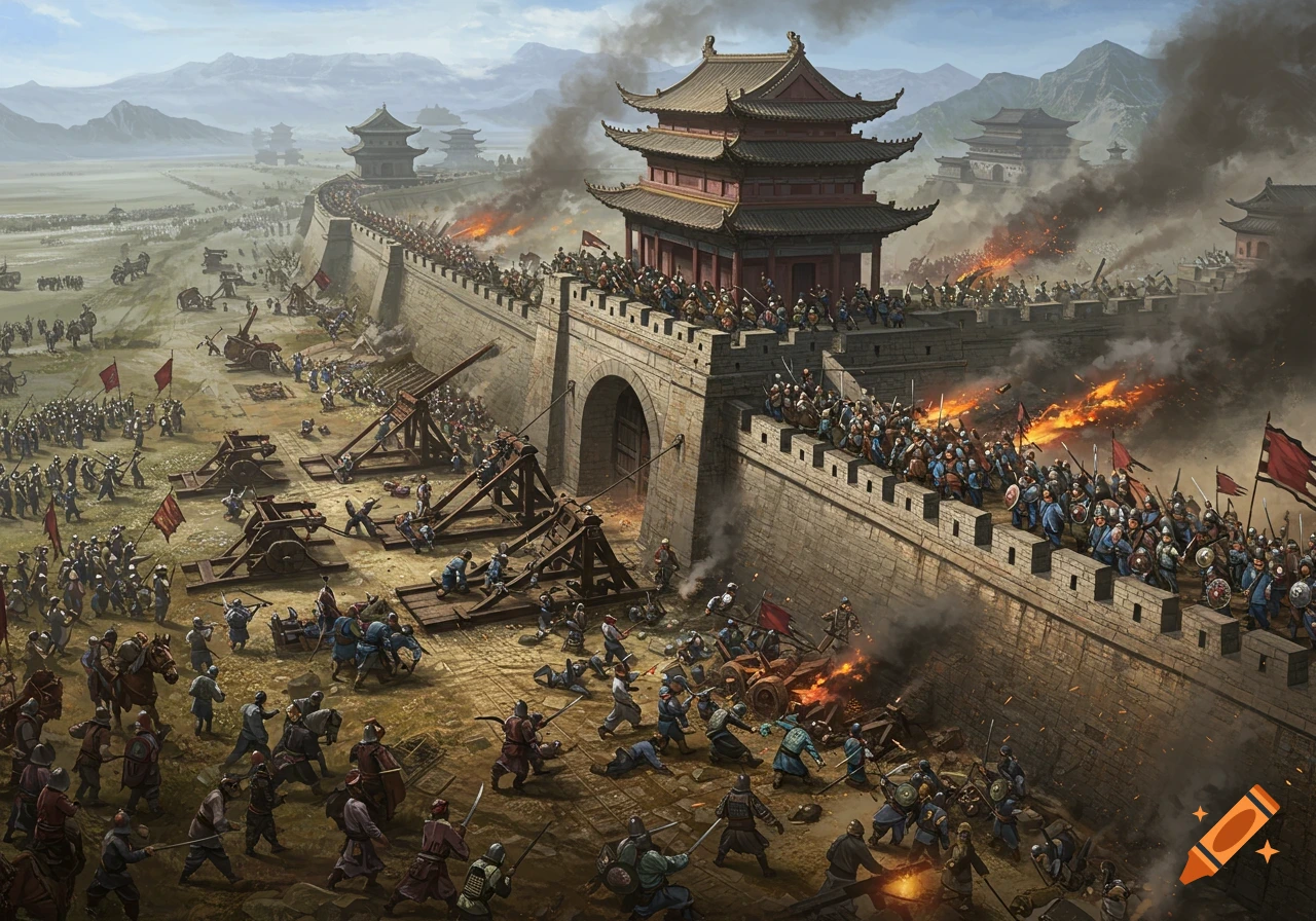 A detailed illustration of a medieval army besieging a large Chinese castle wall with siege engines and soldiers fighting.
