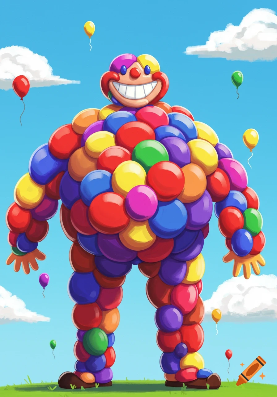 A giant figure resembling a clown, made entirely of colorful balloons, stands in a grassy field under a blue sky with scattered balloons.