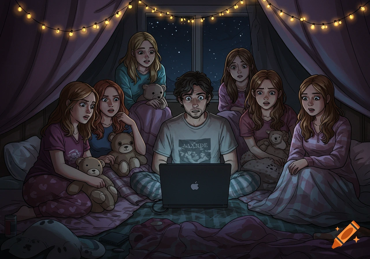 Illustration of a group of people looking shocked while watching a laptop at a sleepover fort.