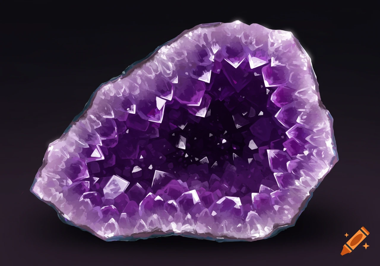 A purple amethyst geode with sparkling crystals inside, digital illustration.