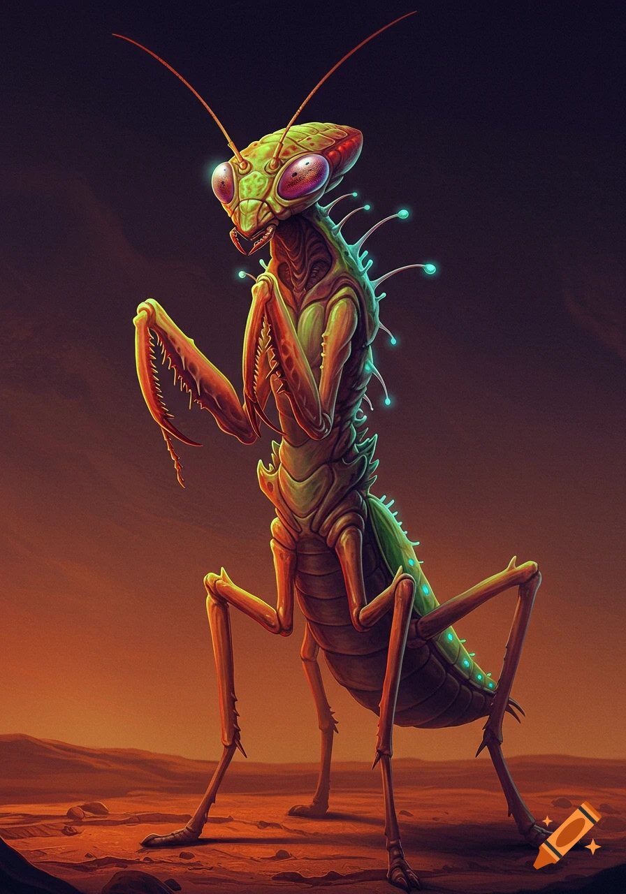 A praying mantis alien stands in a barren, reddish landscape.