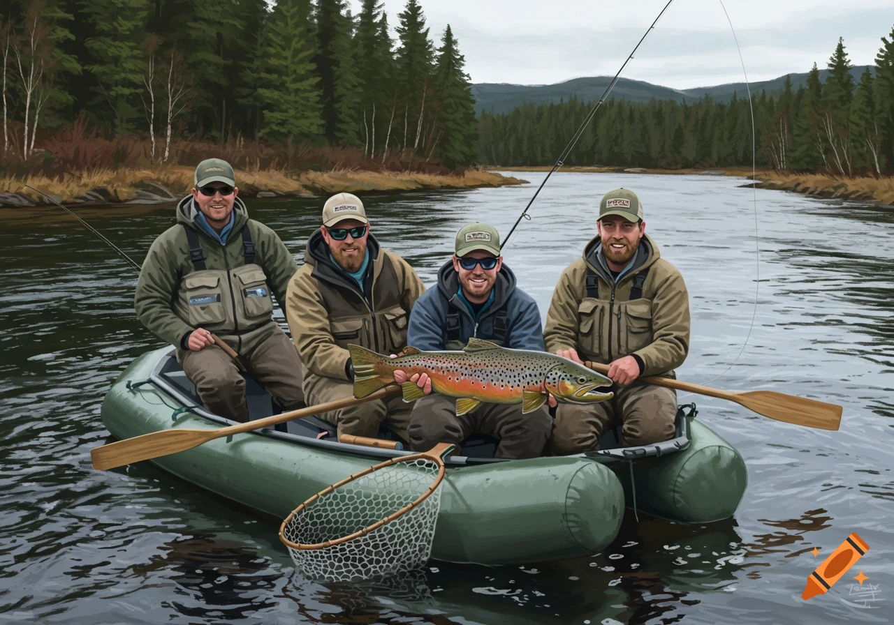 Four men in a boat on a river hold up a large brown trout. Painted style.