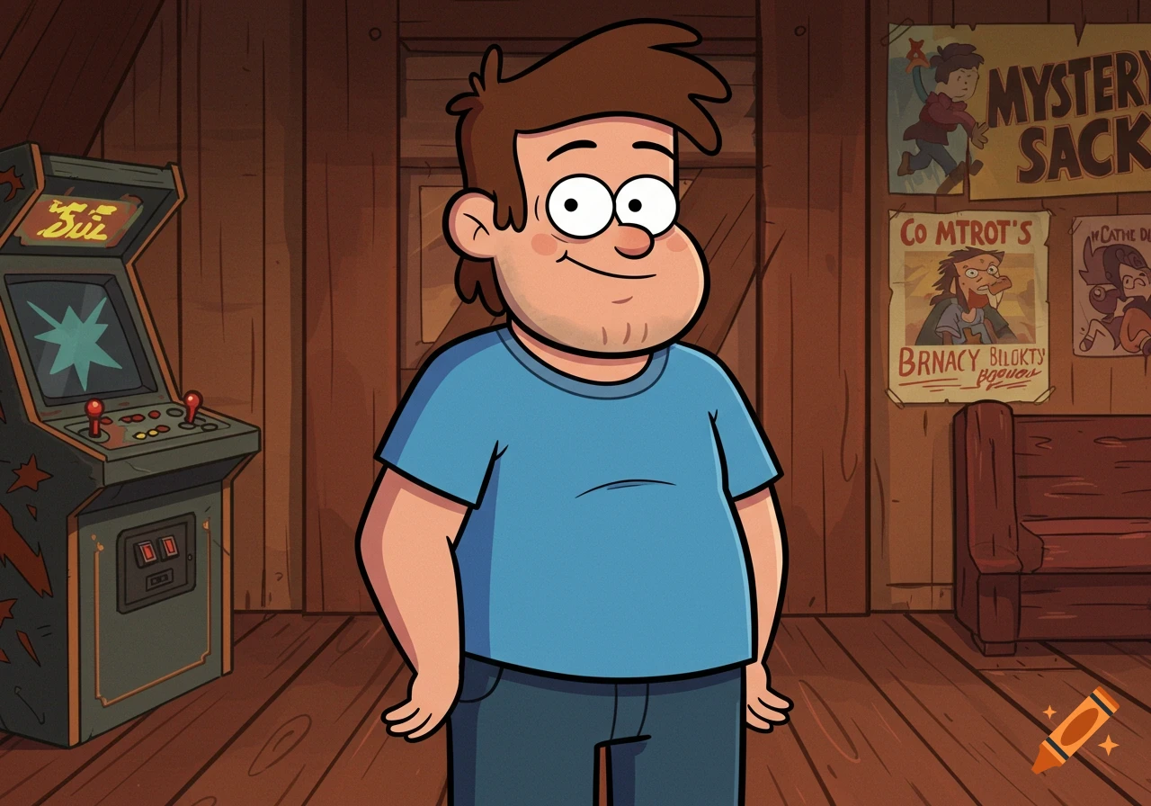 Cartoon man in blue shirt and jeans stands in a wooden room with arcade machine and posters.