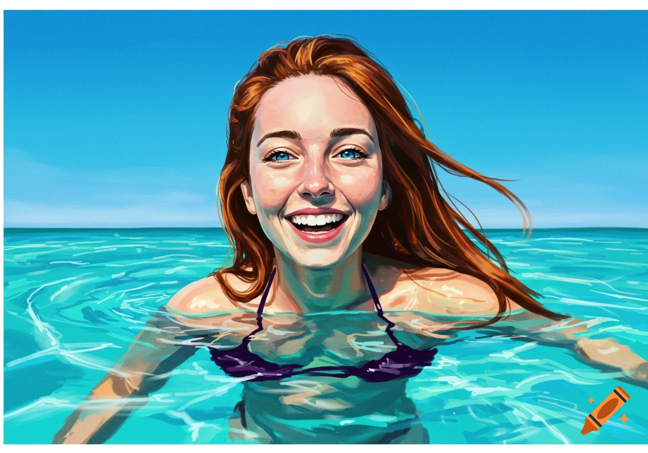 Smiling woman with red hair swimming in the ocean, painterly style
