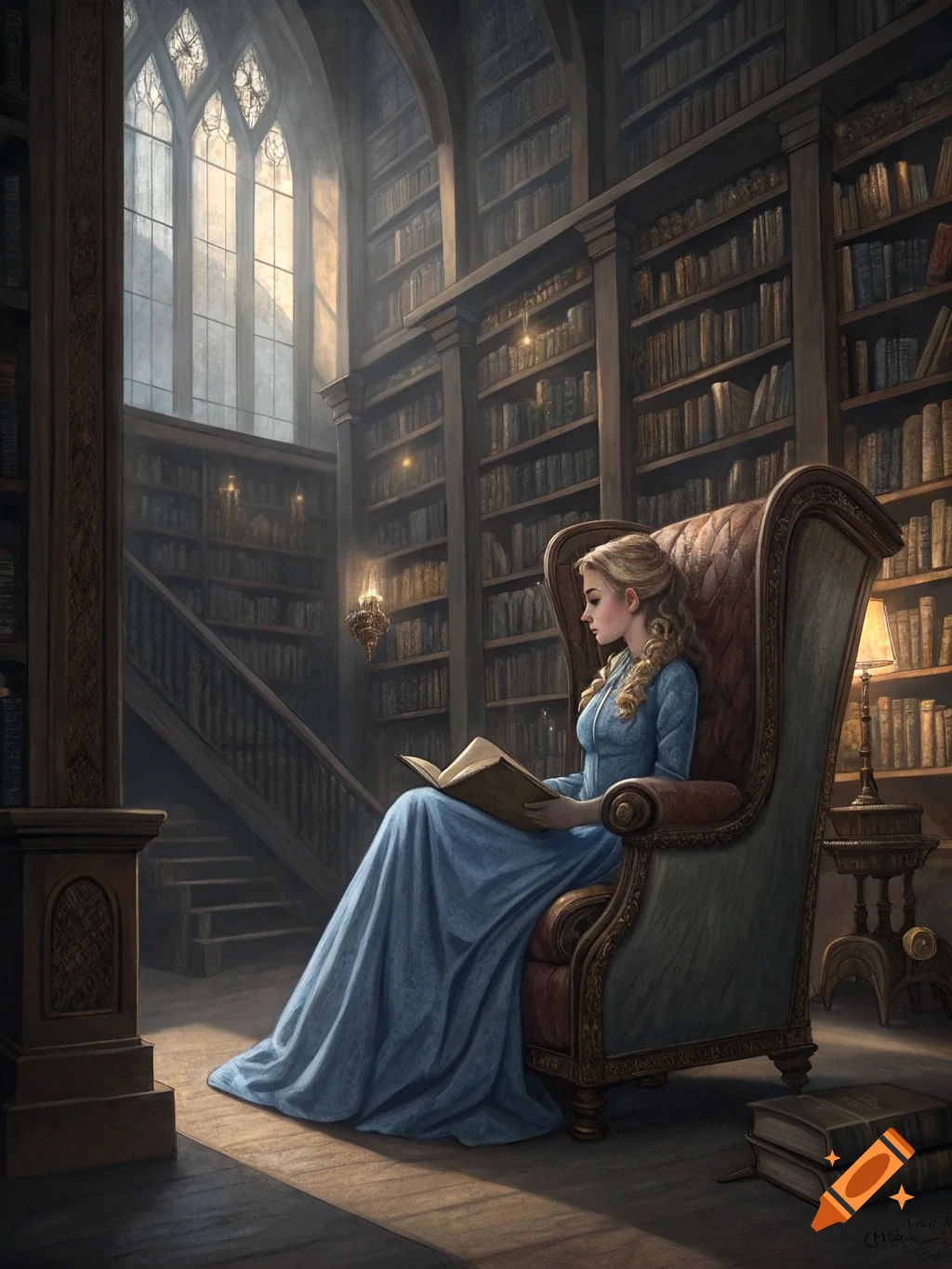 A woman in a blue dress reads in a large, opulent library.
