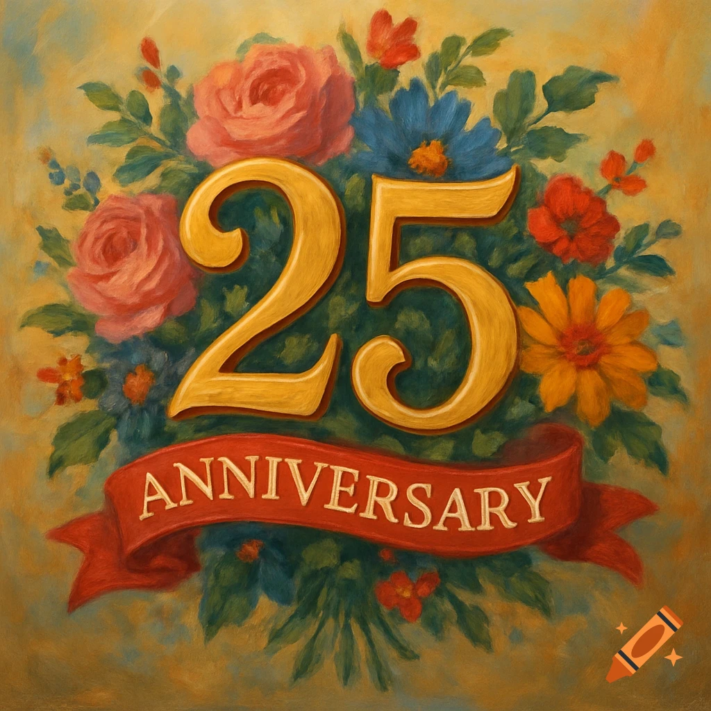 Painting of the number 25 and the word ANNIVERSARY on a banner surrounded by flowers.