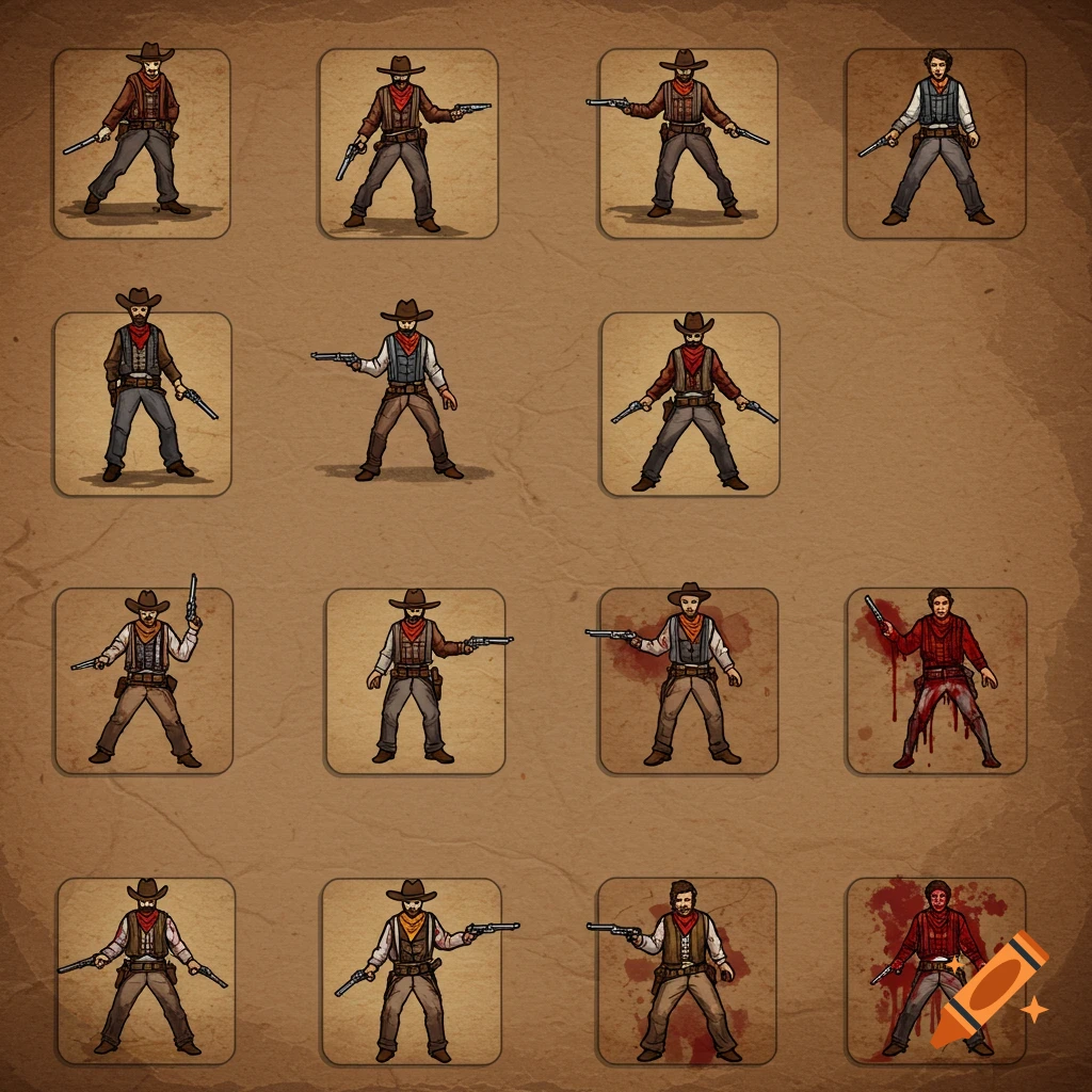 Grid of stylized cowboy illustrations, including regular and wounded versions for a board game.