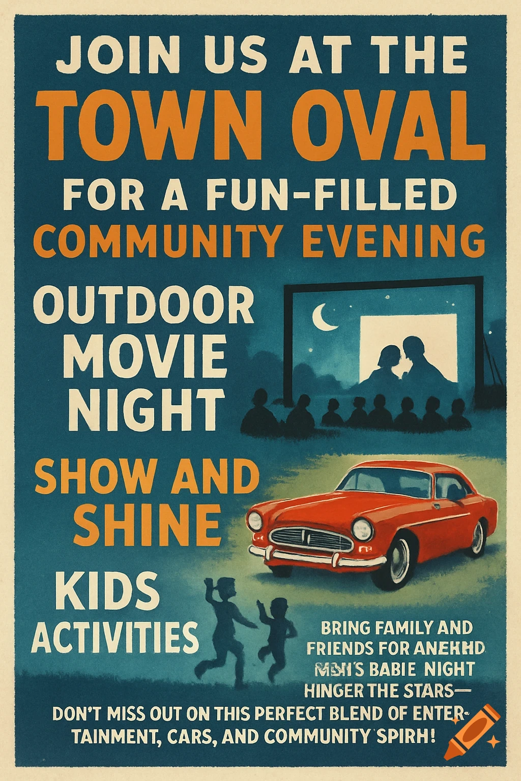 Retro-style event poster advertising an outdoor movie night, car show, and kids activities at the Town Oval. Features a vintage car, screen showing silhouetted figures watching a movie, and silhouetted children playing.