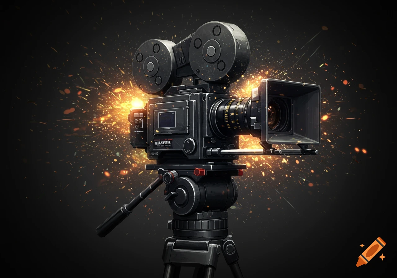 Close-up of a cinema film camera surrounded by glowing orange sparks against a dark background.