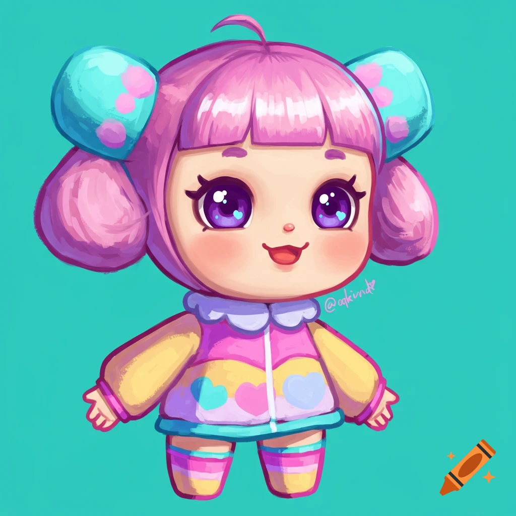 Cute stylized doll with pink hair, blue bows, and a colorful outfit on a teal background.