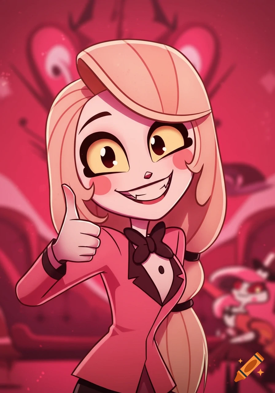 Charlie Morningstar from Hazbin Hotel gives a thumbs up in cartoon style.