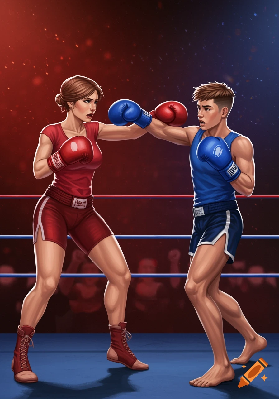 An illustration shows a woman and a man boxing in a ring under red and blue lighting.