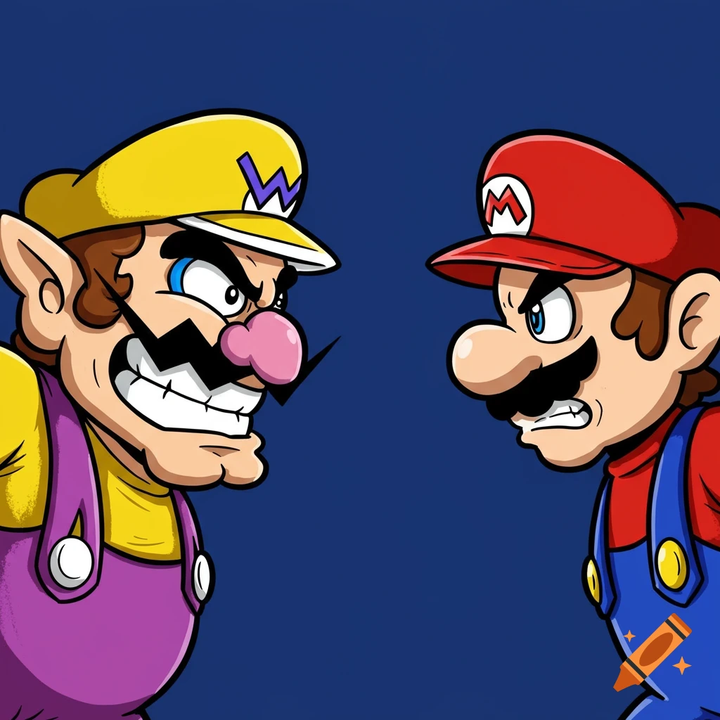 Cartoon Wario and Mario stare at each other competitively