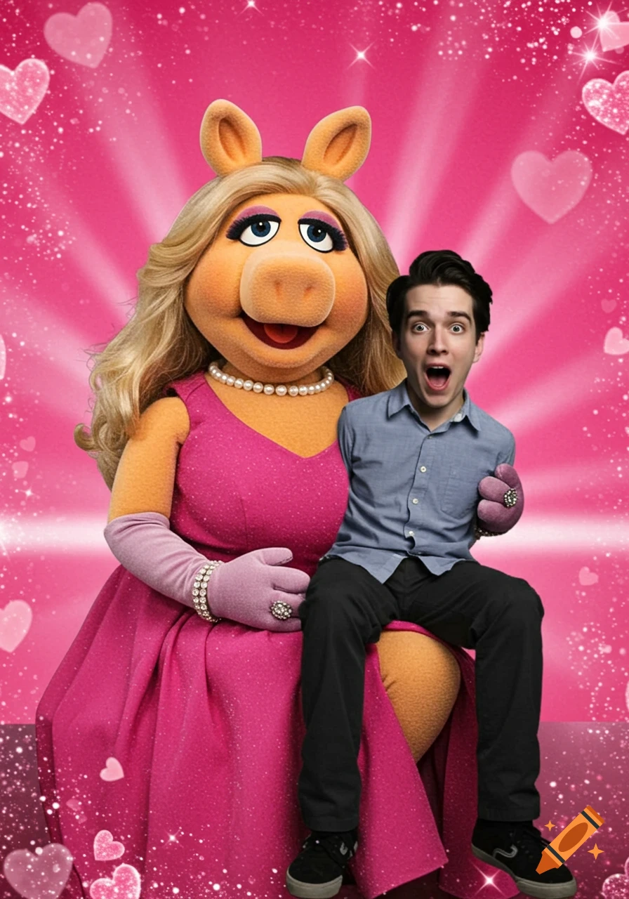 Miss Piggy in a pink dress holds a surprised young man on her lap, against a sparkly pink background with hearts.