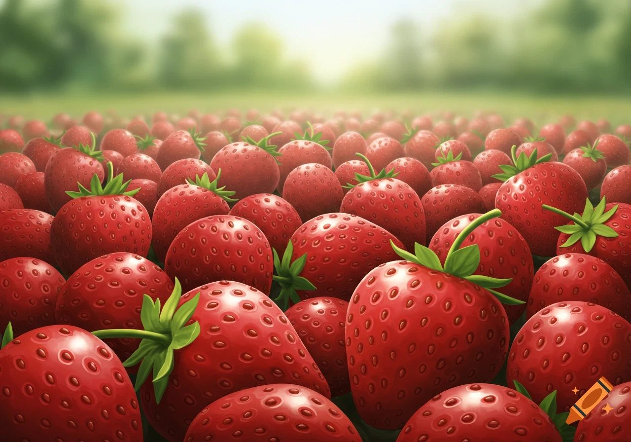 Close-up view of many bright red strawberries in a field with a blurred background.