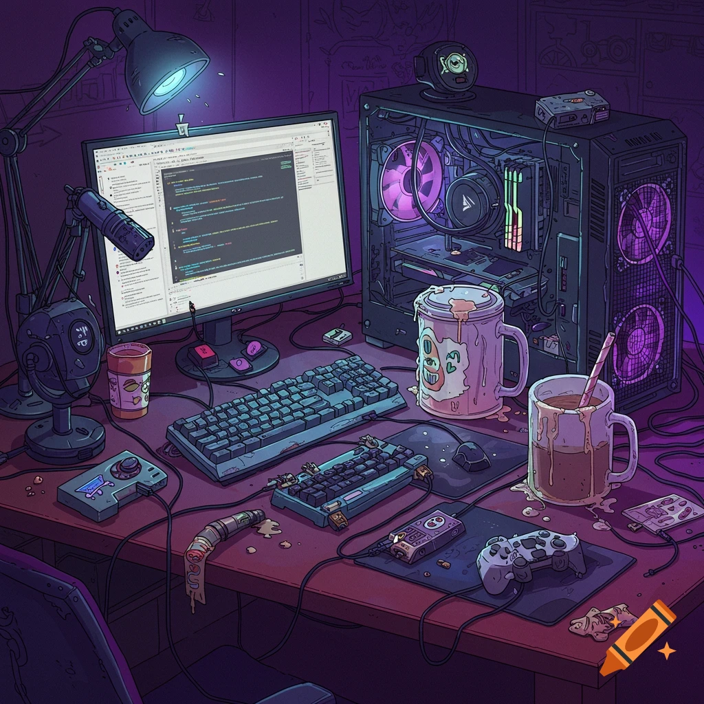 Illustrated view of a messy computer desk with a PC, monitor displaying code, keyboard, controller, microphone, and spilled drinks.