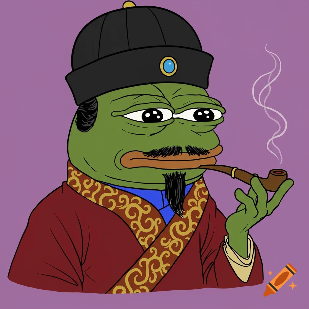 Cartoon of Pepe the Frog wearing a traditional hat and robe, smoking a pipe.