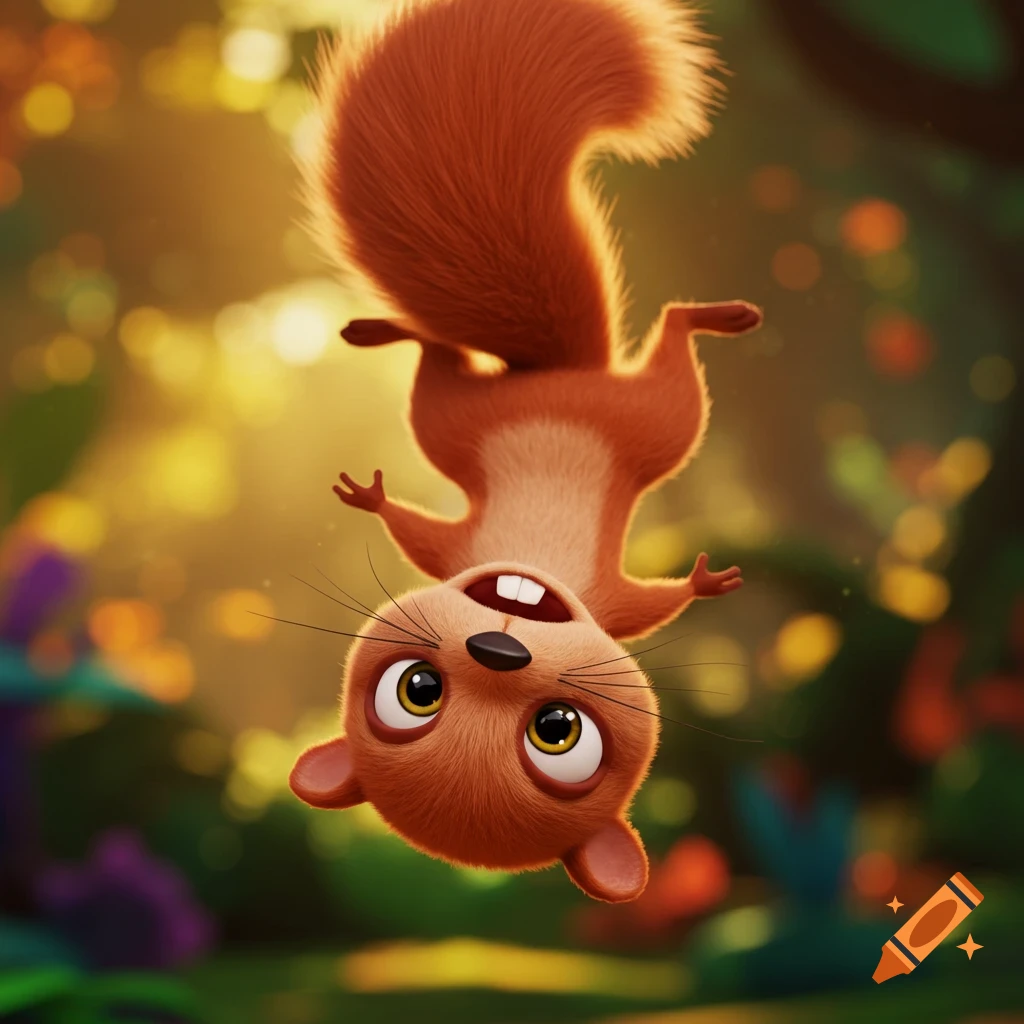 A cute, smiling 3D animated squirrel hangs upside down by its tail in a sunny forest.