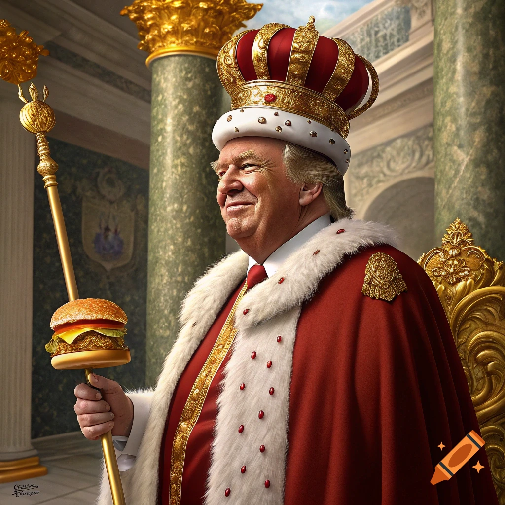 Donald Trump dressed as a king sits on a throne holding a hamburger scepter in a realistic style.