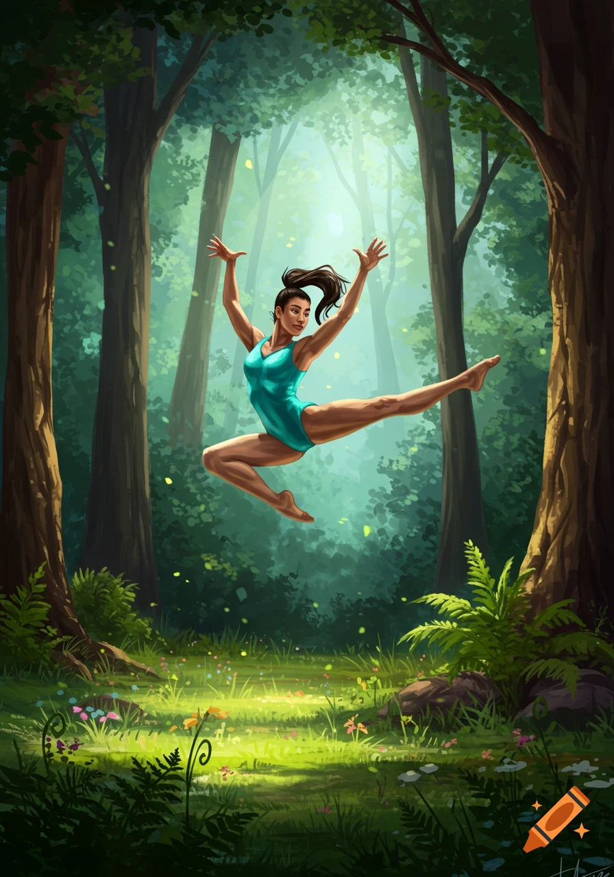 An illustration of a gymnast leaping in a sunlit forest.