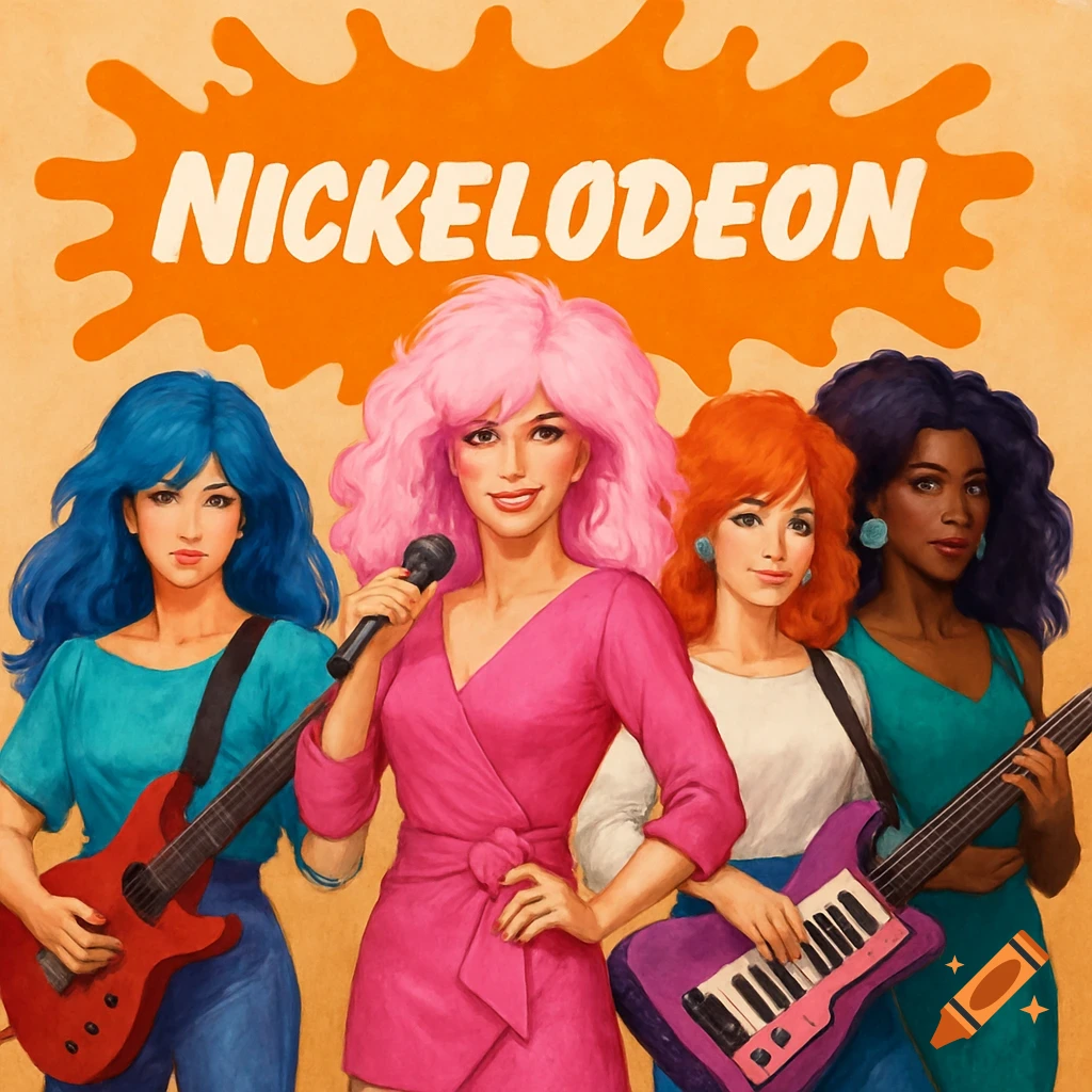 Painting of a band of four women with brightly colored hair standing in front of an orange Nickelodeon logo.