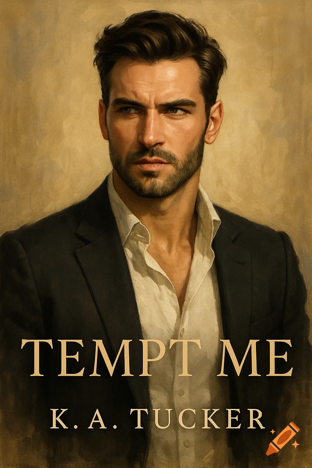 Portrait of a man in a suit with text 'Tempt Me K. A. Tucker', styled as a book cover.