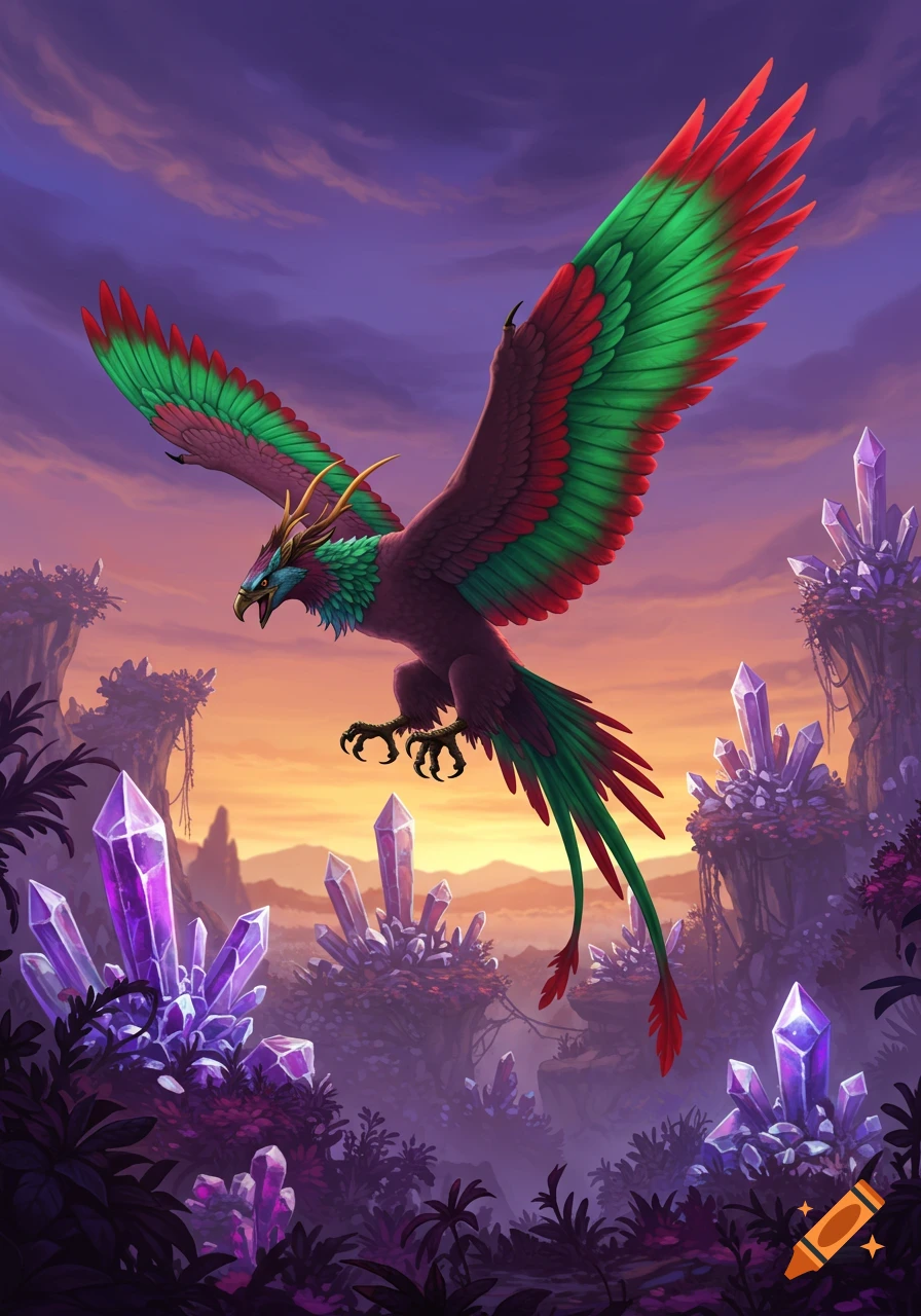 A vibrant feathered fantasy creature with green and red wings flies ...