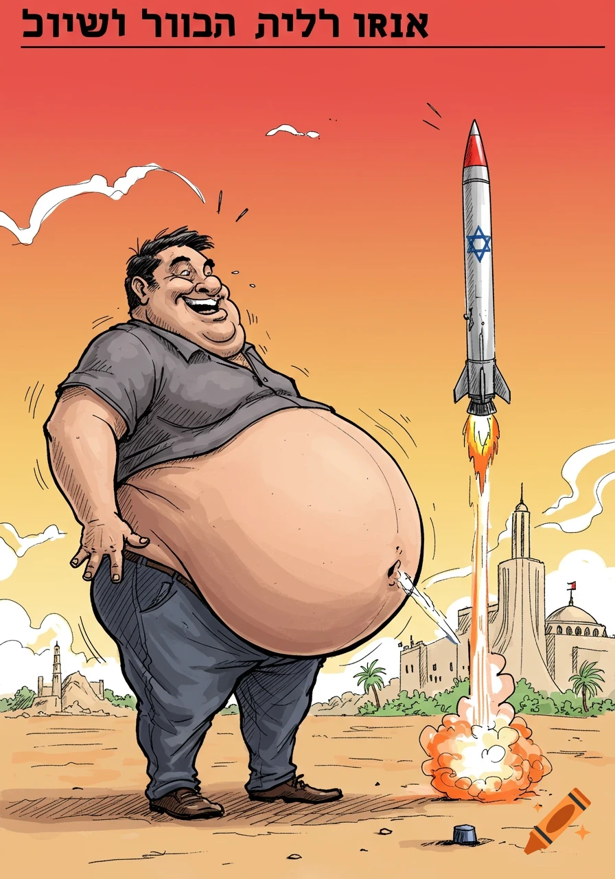 Cartoon of a very fat man standing next to a launching Israeli missile, with Hebrew text at the top.