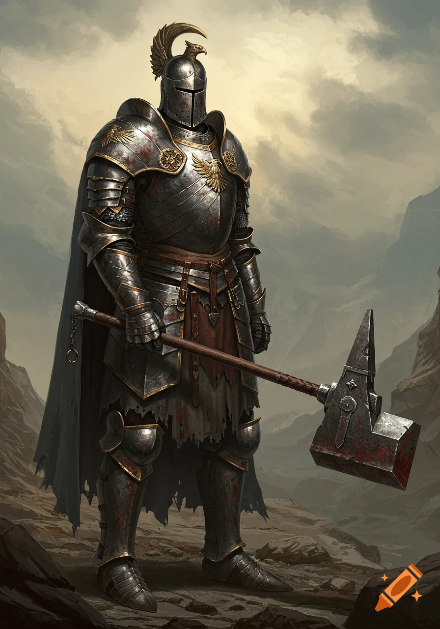 A fully armored knight stands with a warhammer in a rocky landscape.
