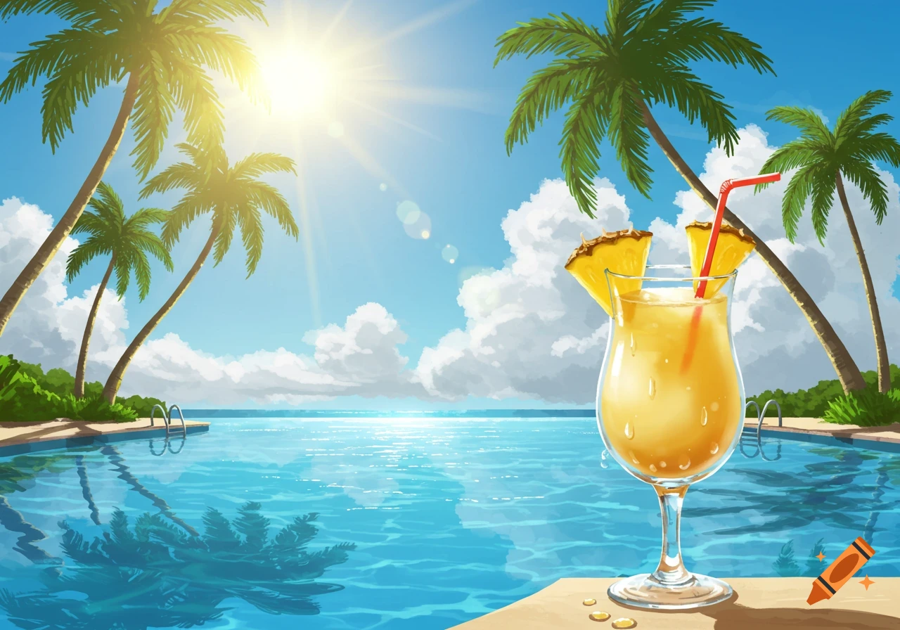 Tropical scene with palm trees, pool, ocean, and a perspiring cocktail.