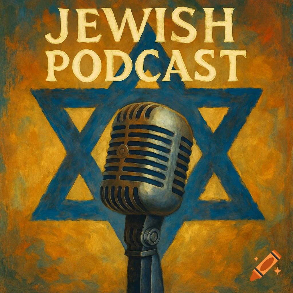 Vintage microphone before a Star of David, with 'JEWISH PODCAST' text on a painterly background.