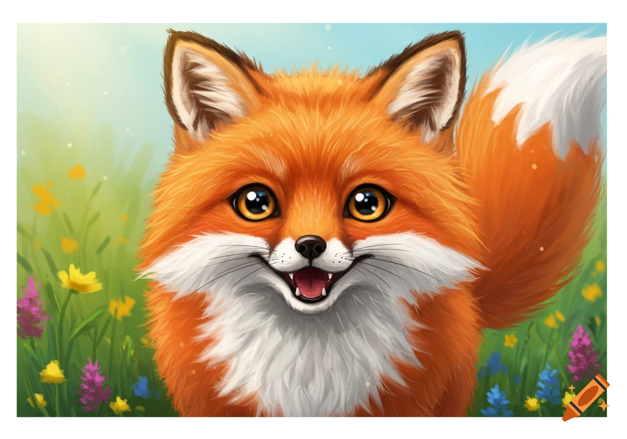 A cute illustrated fox with a big smile sits in a field of flowers.