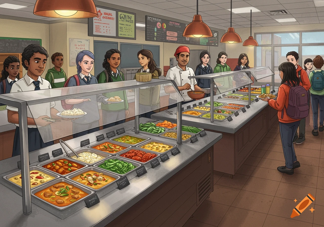 Illustration of students getting food from a buffet line in a busy school cafeteria with a staff member serving.