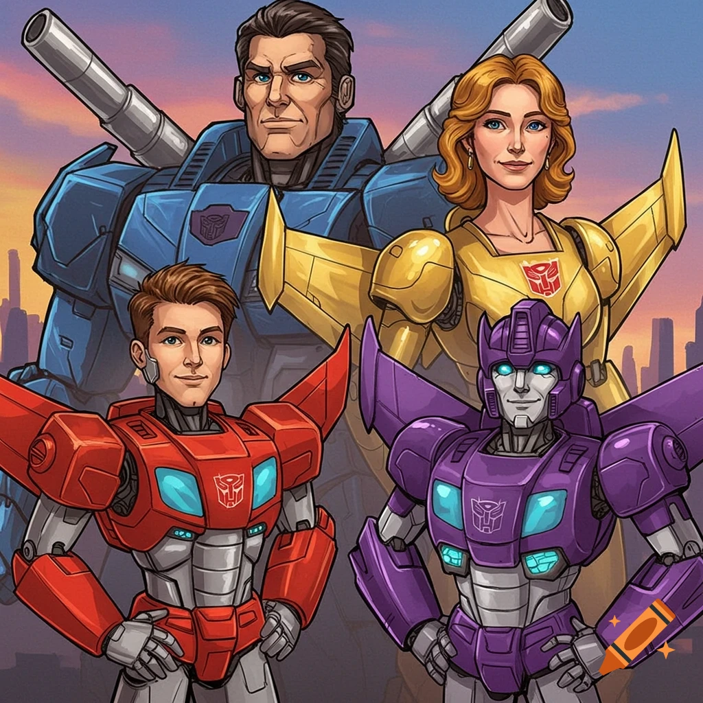 Cartoon portrait of a family dressed as Transformers.