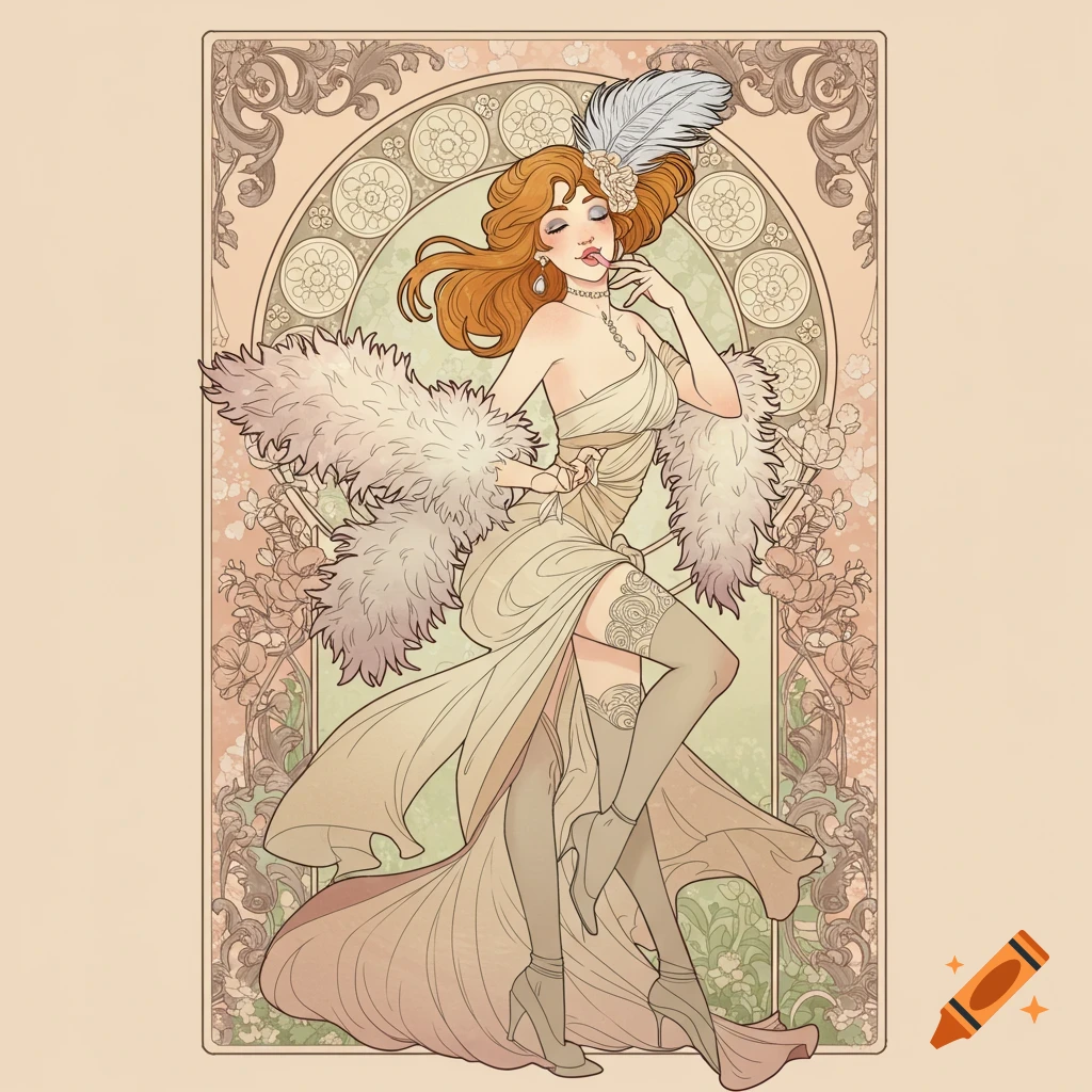 A woman in an elegant Art Nouveau style dress with a feathered boa and headdress within a decorative frame.