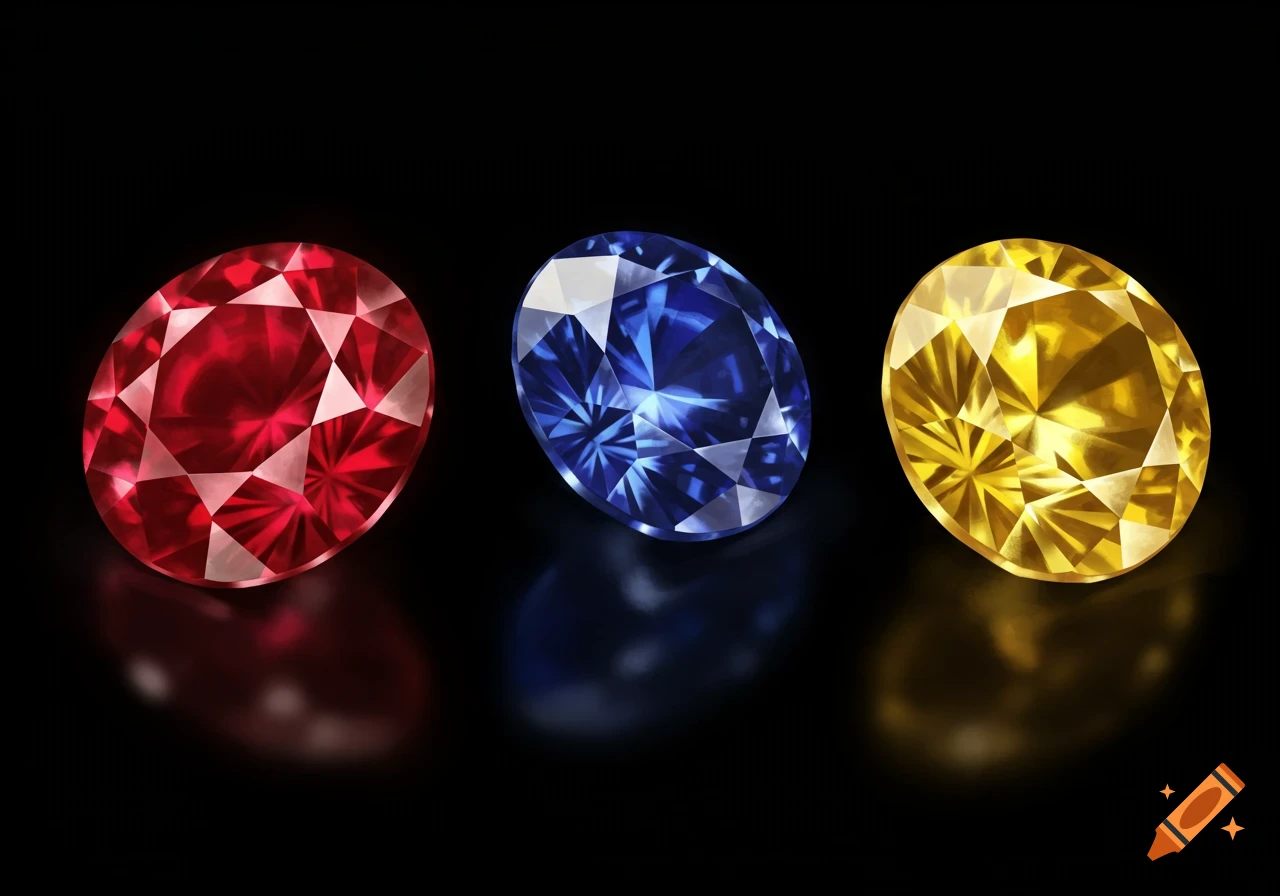 Three oval red, blue, and yellow gemstones on black