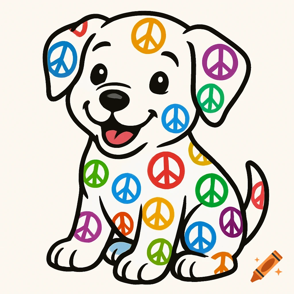 Cartoon puppy covered in colorful peace symbols