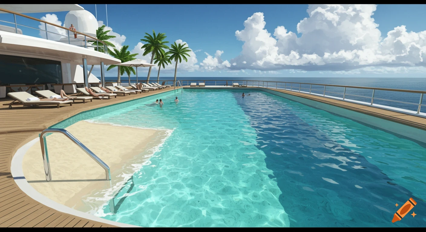 A large pool with a beach entry on a yacht, with palm trees and people swimming and sunbathing.