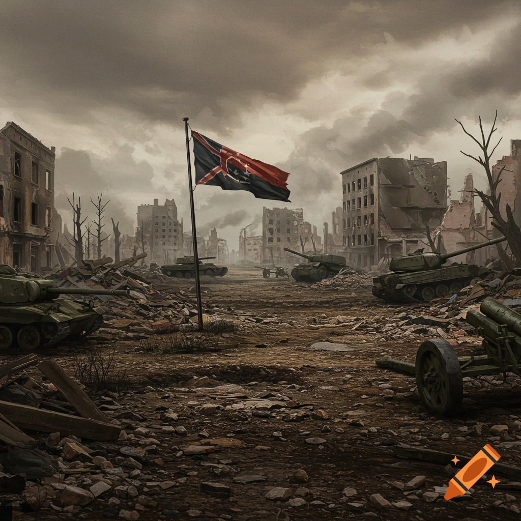 A flag flies over a ruined city street littered with debris and abandoned tanks under a stormy sky.