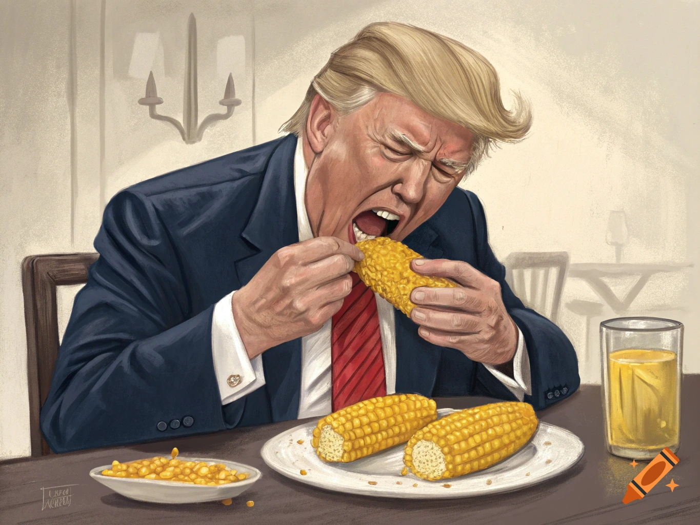 Illustration of Donald Trump aggressively eating corn at a table.