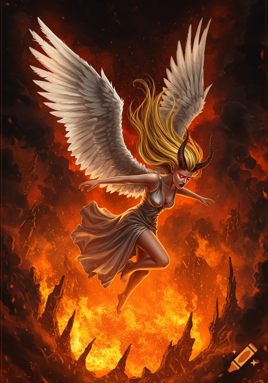Fantasy illustration of a woman with wings and horns falling through a fiery hellscape.