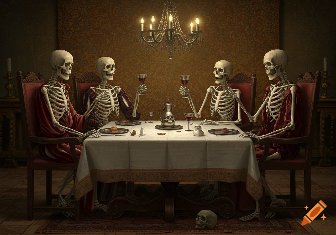 Four skeletons in red robes sit at a table, toasting with wine glasses in a renaissance painting style.