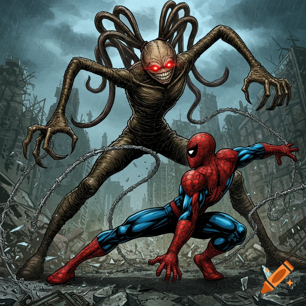 Spider-Man battles a monstrous 'daddy long legs' villain in a ruined city in a comic book style.