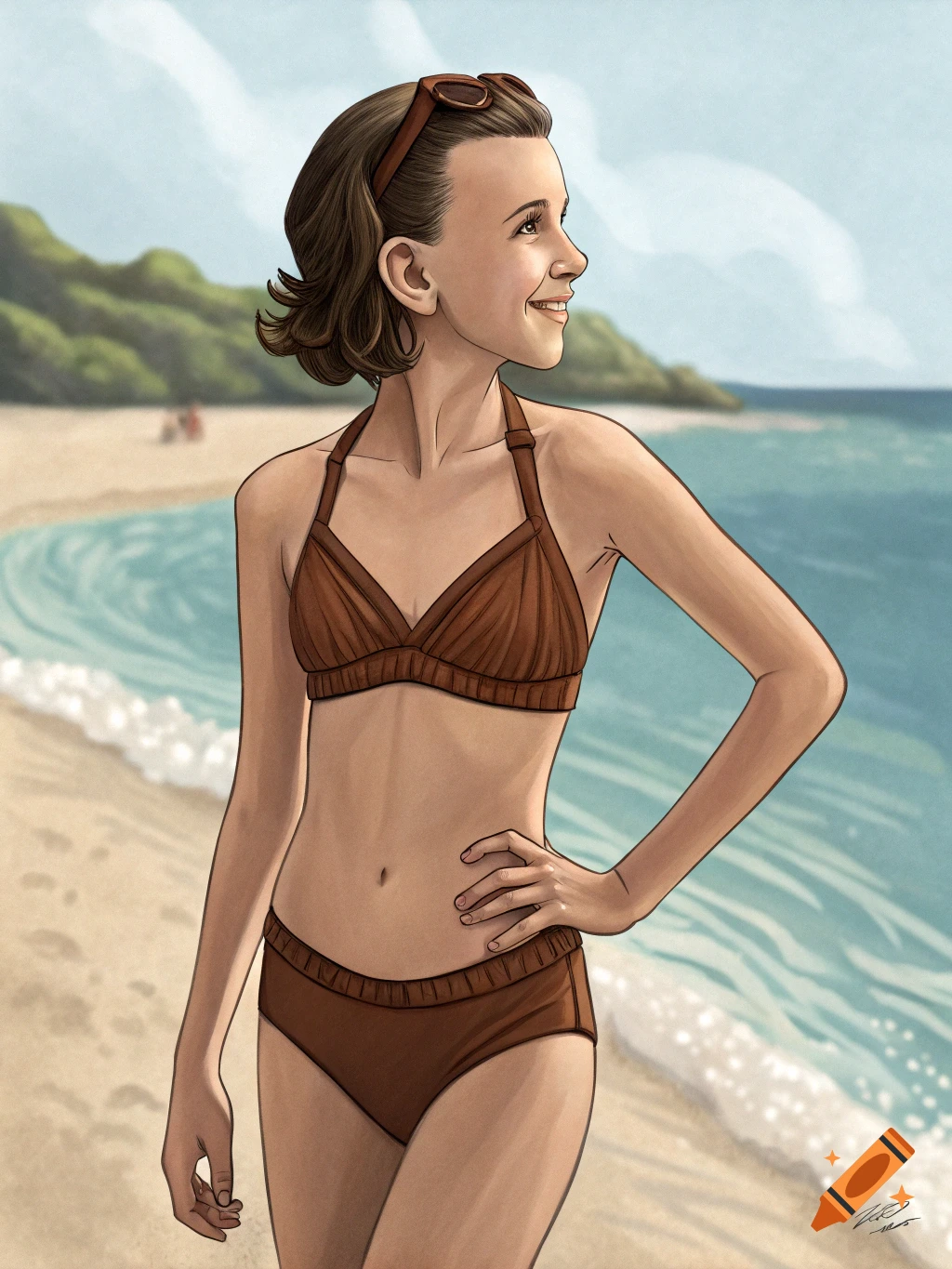 Illustration of a young woman in a brown bikini smiling on a beach.